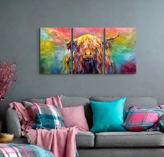 big colourful highland cow painting