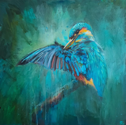 'April Shower'' - Original Kingfisher Painting 50 x 50 cm/ 20 x 20"