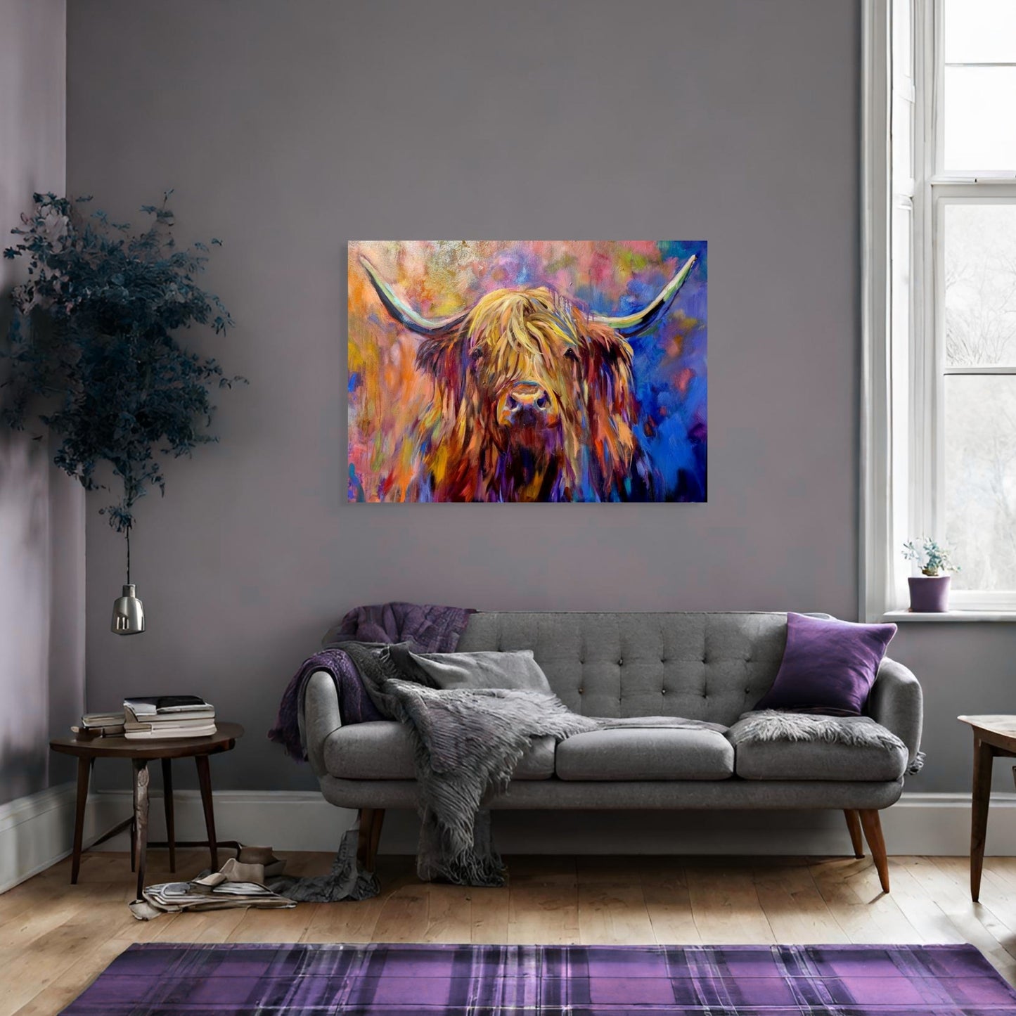highland cow canvas print in peach and purple and blue