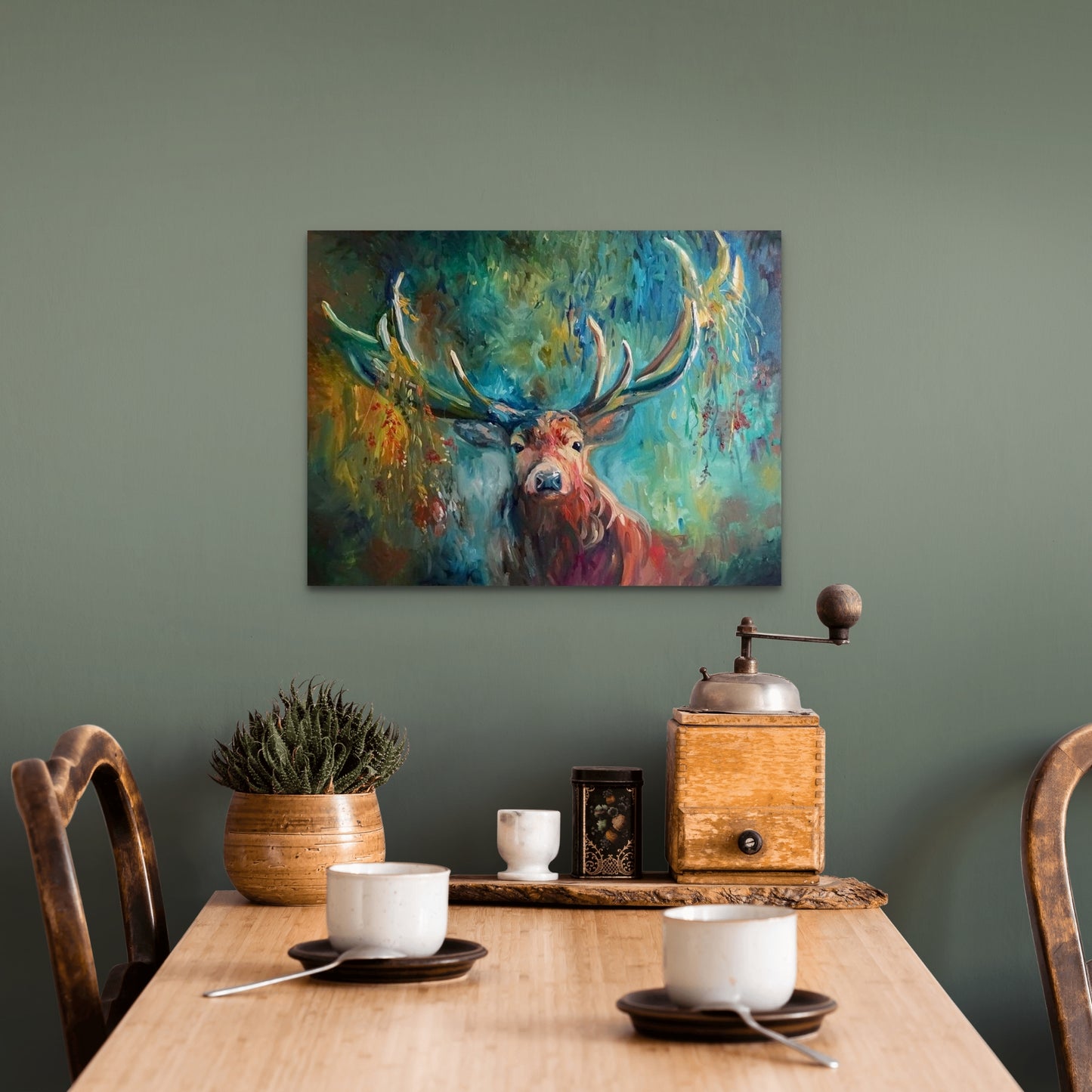small stag canvas in a room 