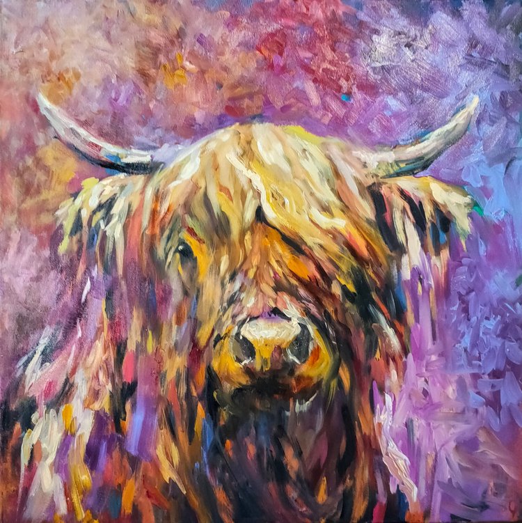 Glenshee - Original Highland Cow Oil Painting - 30 x 30 "/ 76 x 76 cm