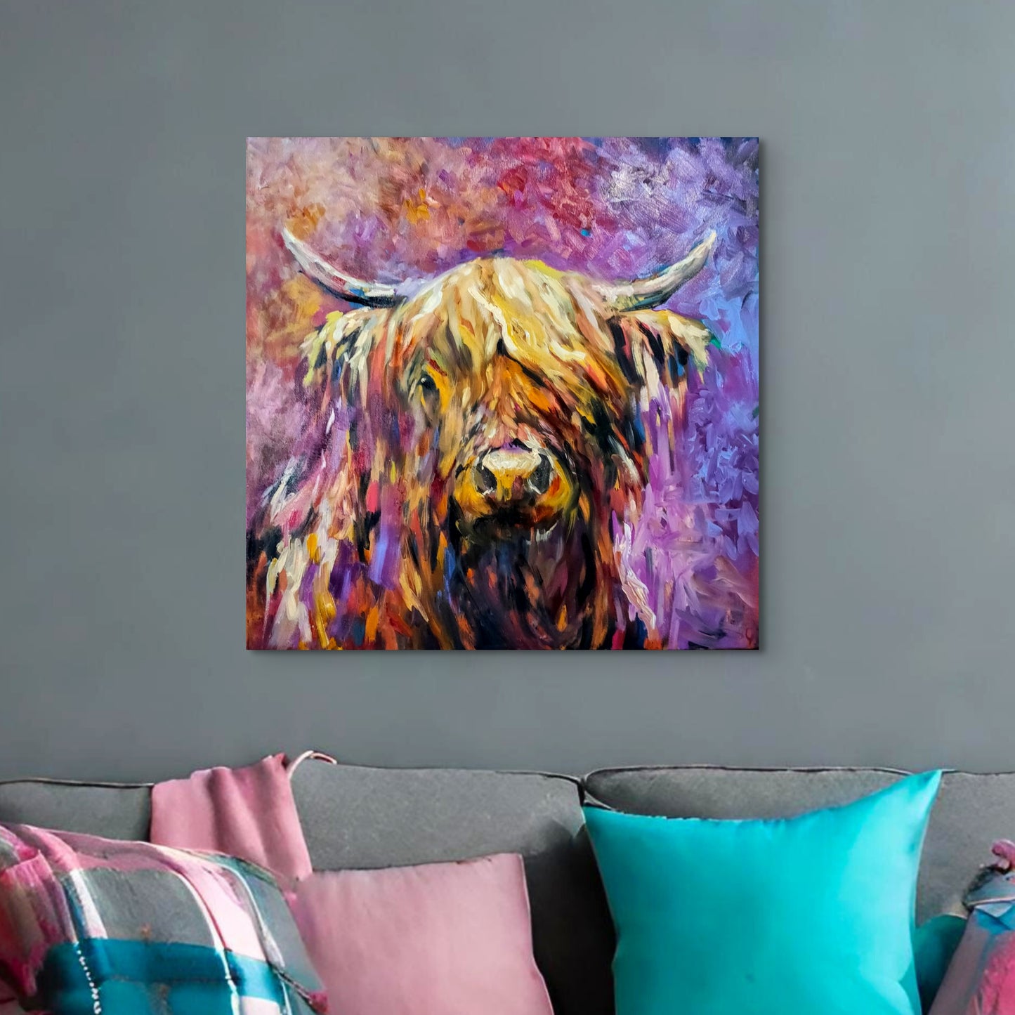 Glenshee - Original Highland Cow Oil Painting - 30 x 30 "/ 76 x 76 cm