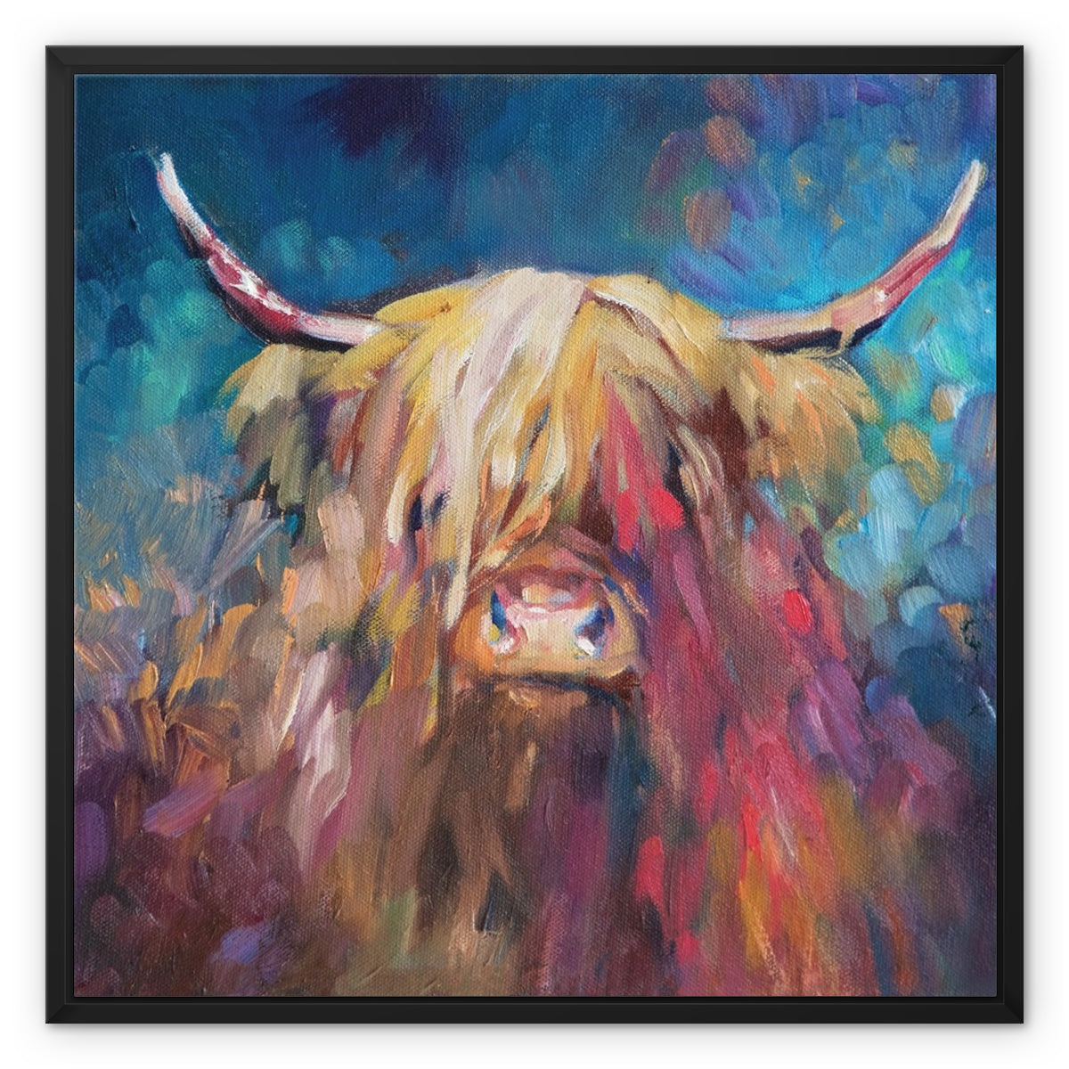 banchory highland cow canvas in blue and pink