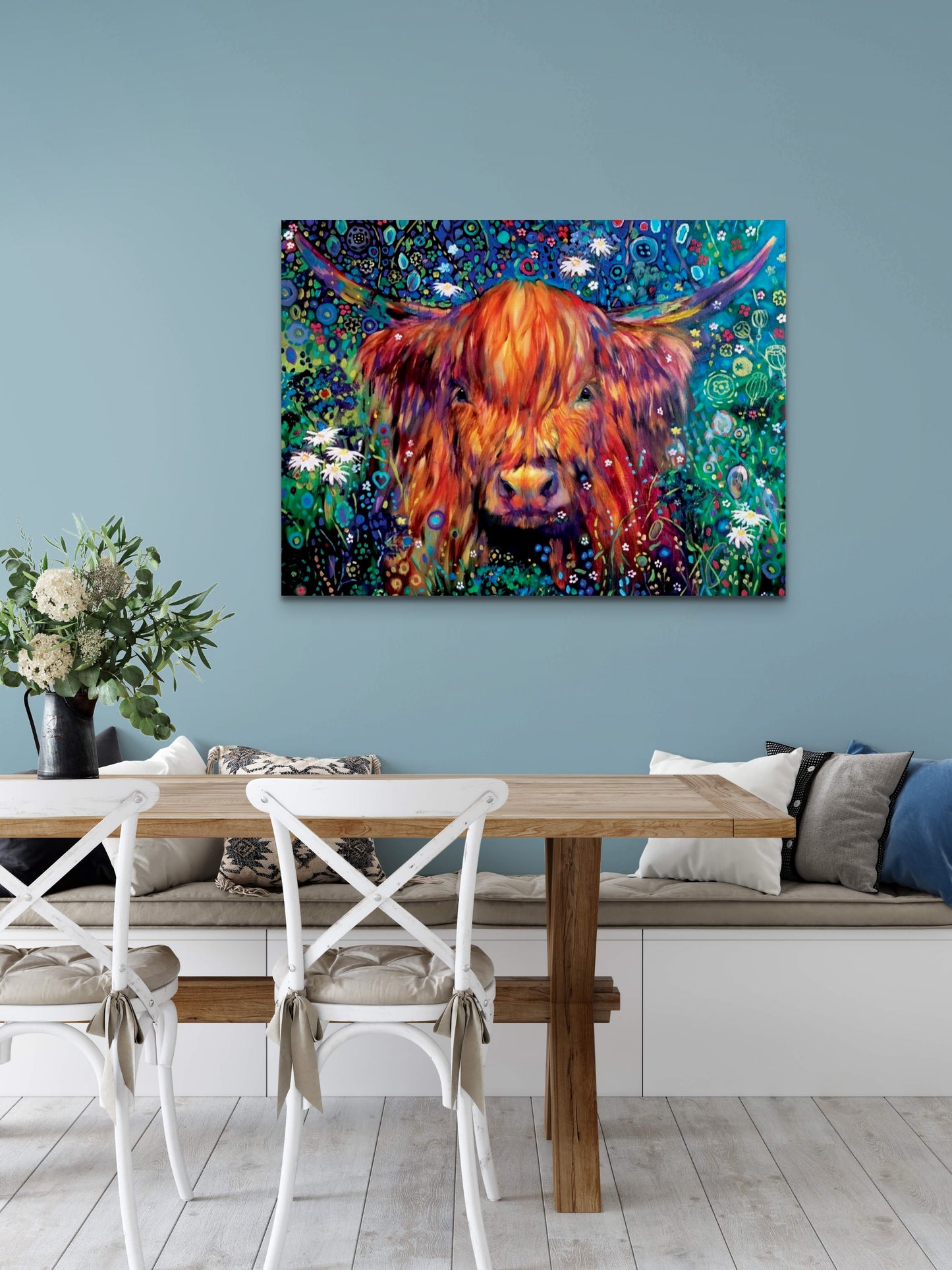 Highland Cow art with daisies by sue gardner