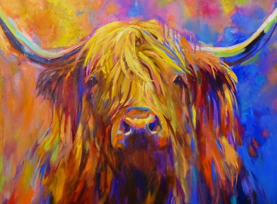 purple and gold highland cow art
